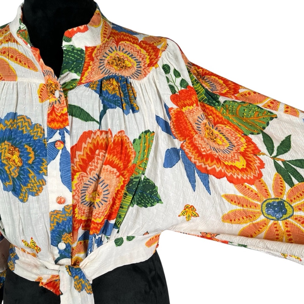 Nicole Miller Floral Boho Top Cream Orange Puff Sleeve Cottagecore Tropical - Picture 11 of 17
